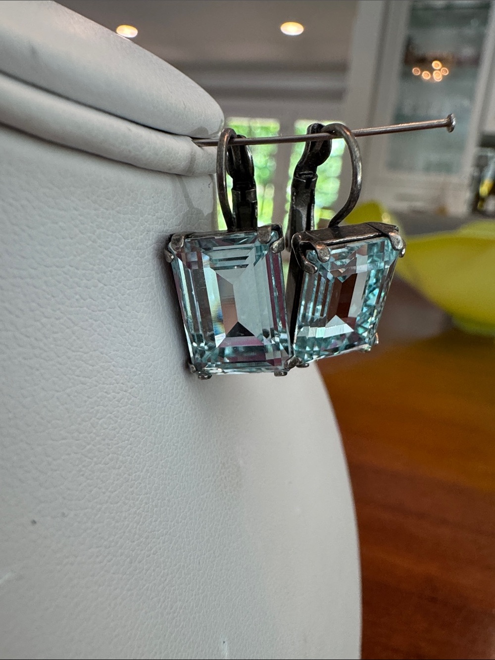 Sabika Aquamarine Glass Square Drop Earrings - Silver Tone